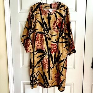 ONA Asian Design Tan Black Red Bamboo Print Slits Sides Tunic Dress Coat